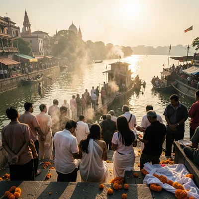 Sacred smoke catching golden Ganges light in Varanasi, Funeral procession descen