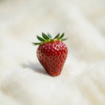 Single strawberry in focus against creamy field