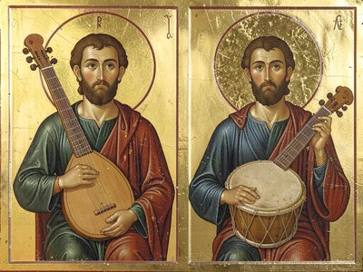 Two musicians side by side — one with lute, one with drum — frontal gaze