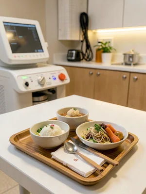 Hospital cafeteria tray with ceramic dishes, wooden cutlery, institutional meal 