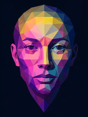 Face fragmenting into triangular polygons, low-poly dissolution, gradient