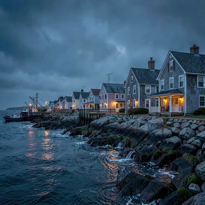 a Newfoundland fishing village at gale dusk, painted clapboard houses lined alon