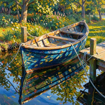 Rowboat tied to a wooden dock, water reflections flickering on the hull