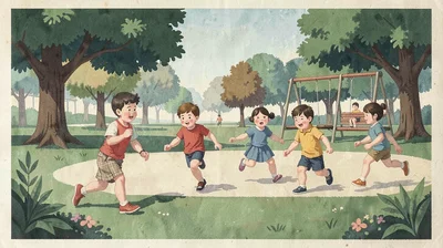 Gouache illustration, children playing in park , opaque matte pigment, flat colo