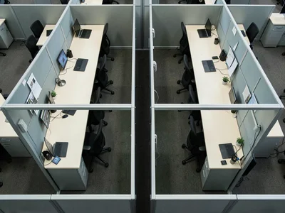 Office cubicles from above, each desk a mirror of the one beside it, individuali