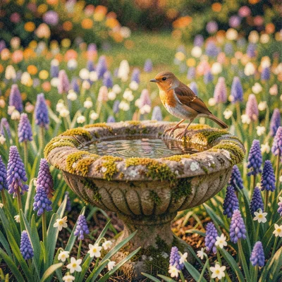 Close view of a mossy stone birdbath surrounded by grape hyacinths and lily of t