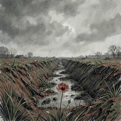 Atmospheric WWI unit-header illustration, painterly trench landscape under a low