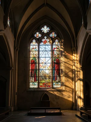 Church photo where stained glass window is rendered as geometric construction di