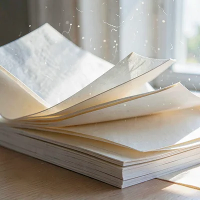 Stacked translucent vellum pages fanned to imply chapters, gentle daylight passi