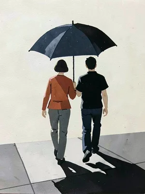 Two people walking under one umbrella, strong diagonal shadow on pavement