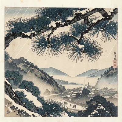Close-up of pine boughs in snow, the branch framing a village in the valley belo