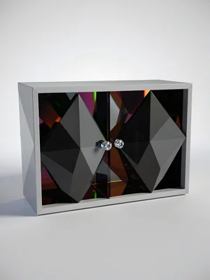 Hollow obsidian lowpoly cabinet with two faceted dark doors and tiny crystalline