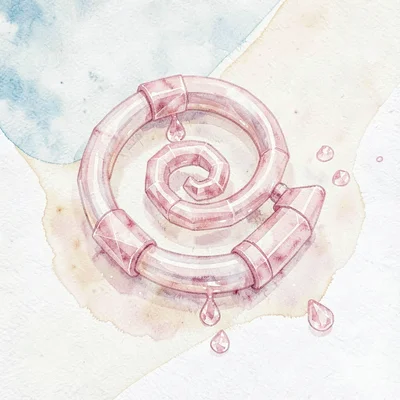 Sleek rose-quartz lowpoly whip coiled in a tight spiral with pink faceted segmen