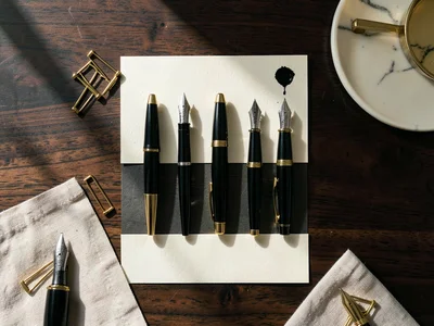 Five Pens Arranged on Dark Walnut