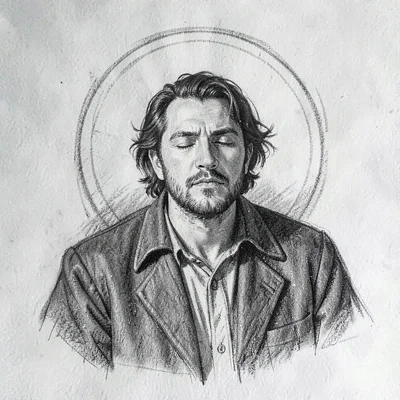 Charcoal study of a poet mid-line, eyes closed, lamp halo behind