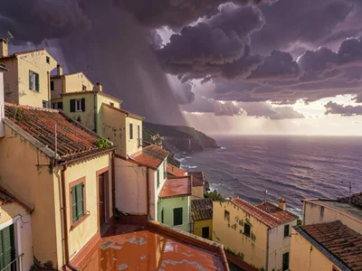 Storm-departing rooftop sea, terracotta wet and shining, retreating clouds bruis