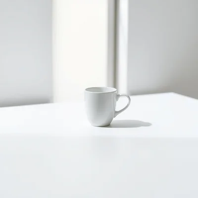 Minimalist studio photograph of a single white coffee cup on a clean matte surface, centered composition, soft natural w