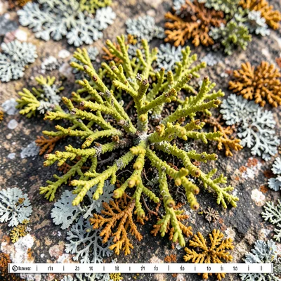 Fruticose lichen branching structure, miniature tree-like form growing from rock