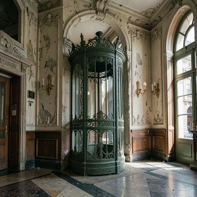 Buenos Aires faded grandeur, belle époque decay, Ornate iron elevator cage in a 
