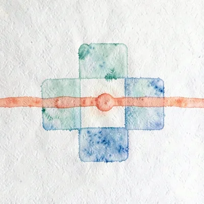 geometric simple three-pixel-cluster shape with a single coral pulse line crossi