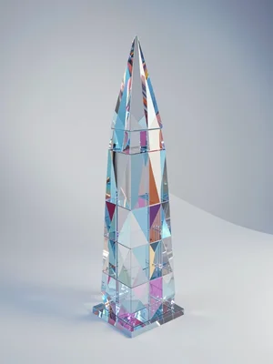 Crystal-clear lowpoly skyscraper with a tall transparent faceted body and a shar