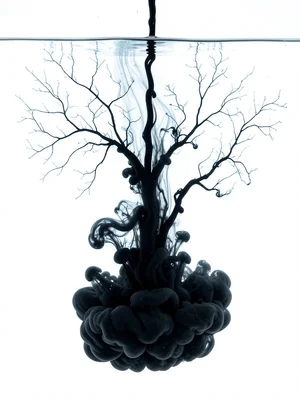 Black India ink dropped into still water, mushroom cloud expanding downward, ten