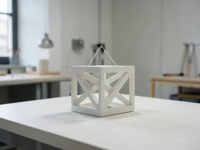 3D printer mid-print creating a geometric object, filament visible, workshop bac