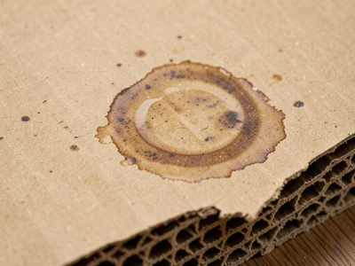 Cardboard with water damage ring, circular stain where wet cup sat, ring within 