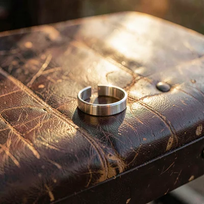 Warm hero of a chased silver cuff bracelet on a worn leather bench skin, late af