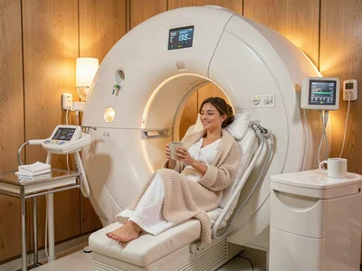 MRI machine tunnel lined with hand-knitted sleeve cover, patient holding ceramic