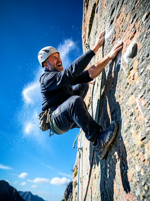 Rock climber reaching for the next hold on an outdoor wall, chalk dust, blue sky