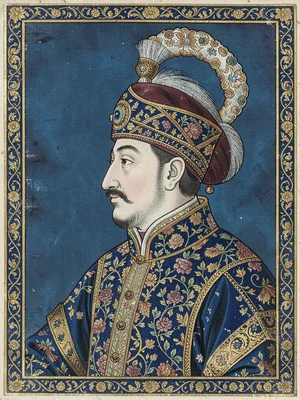 Close-up portrait of a courtier in profile wearing an ornate plumed turban