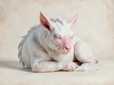 Resting white qilin with snow-pale hide tinged in pink along the muzzle, lying w