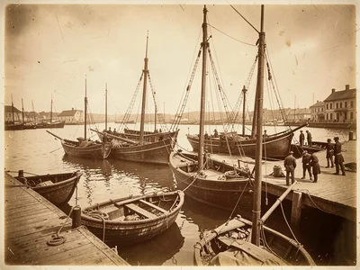 A 19th-century harbour study — moored wooden boats, quayside, figures on dock
