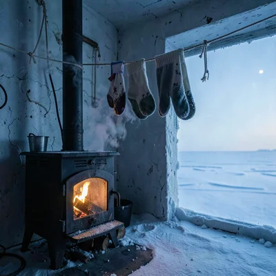 Arctic conditions photograph, extreme cold environment, Mittens drying on a line