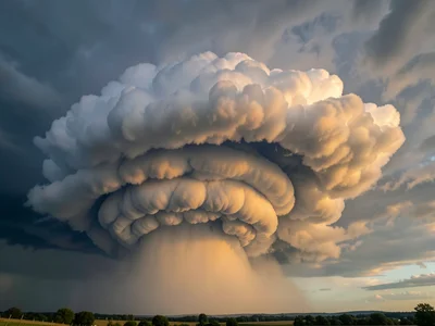 Mammatus clouds hanging from a storm cell base — rows of rounded pouches in grey