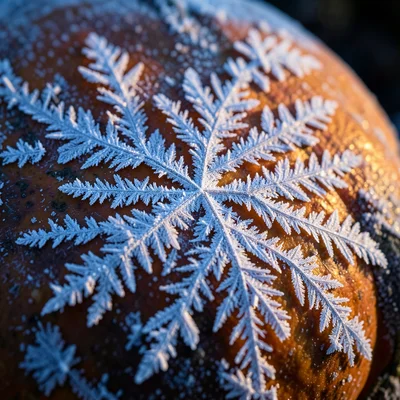 First frost crystals on pumpkin surface, macro detail, autumn morning