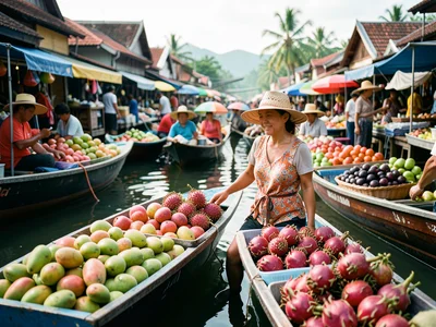 A floating market in Thailand, boats laden with fruit — mangoes, rambutans, drag