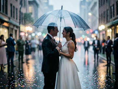 A wedding couple under one umbrella in the rain, confetti stuck to wet pavement,