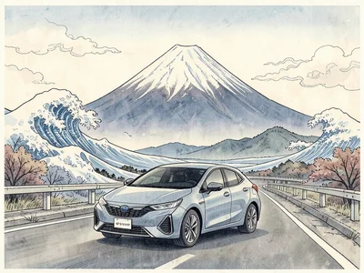 Electric car on highway in ukiyo-e woodblock style, Mount Fuji background, wave 