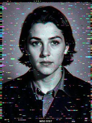 Digital yearbook photo with artistic data artifacts, memory and technology