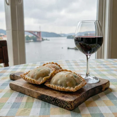 Quietly elegant photograph with Uruguayan sensibility, Empanadas on a wooden boa