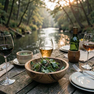 Moody scene of a creekside lunch with foraged greens in a wooden bowl
