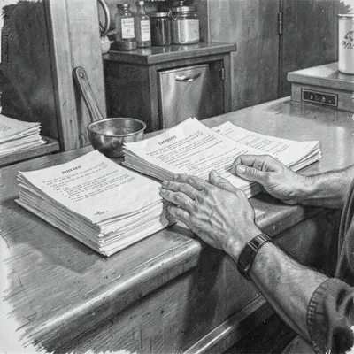 Charcoal portrait of hands fanning a stack of sample papers across a counter