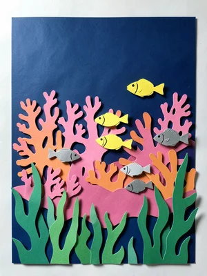 An underwater ocean scene: dark blue deep water behind, coral reef middle layers