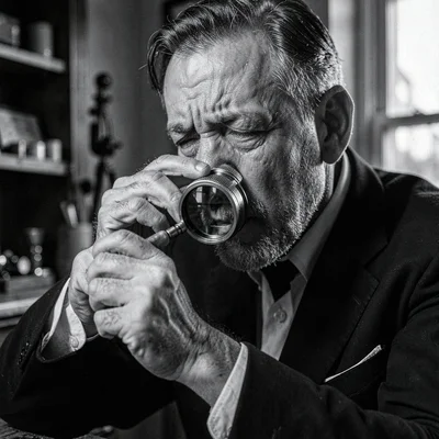 Charcoal portrait of a watchmaker leaning to a loupe, brow furrowed