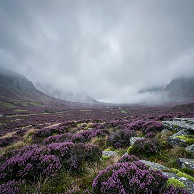 Highland atmospheric mist, Skye grey-green-purple, Heather moorland stretching t