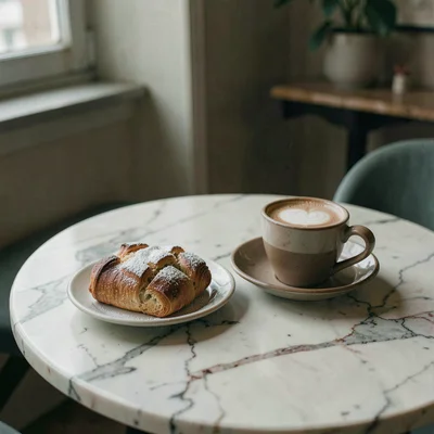 Coffee and pastry on marble table