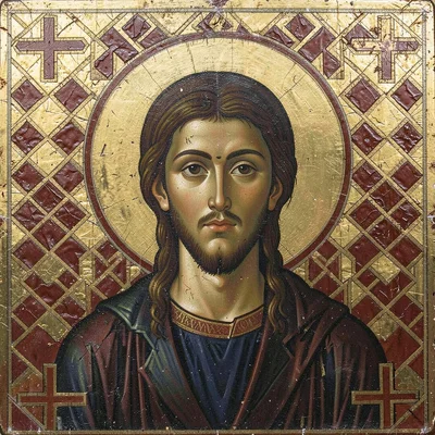 Mosaic pattern of interlocking crosses and lozenges in deep red and gold