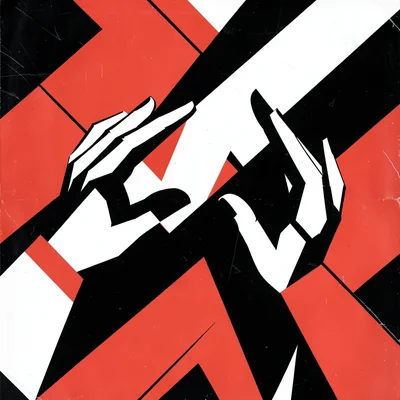 Two hands reaching toward each other, angular fragmented forms